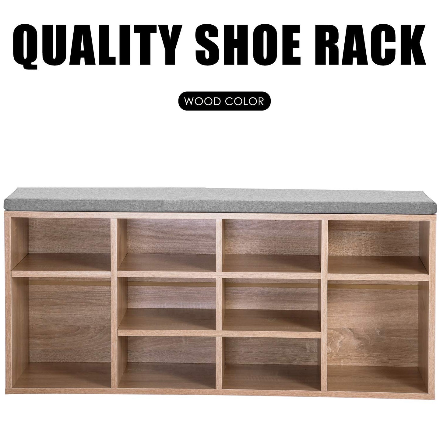 Wooden Shoe Bench Storage Shoe Cabinet Rack Hallway Cupboard Organizer with Seat Cushion 104 x 30 x 48 cm(W x D x H) (Natural, 10-Grids)