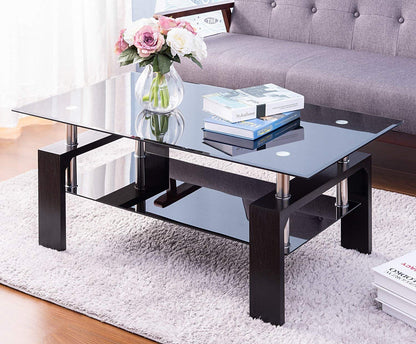 Leisure Zone ® Glass living Room Coffee Table Black Modern Rectangle With Lower Shelf (Black-100CM)