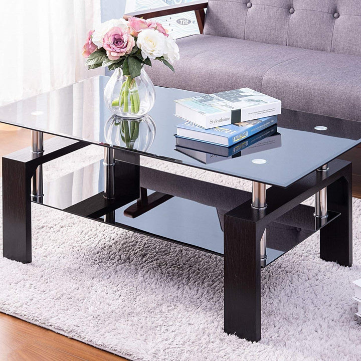 Leisure Zone ® Glass living Room Coffee Table Black Modern Rectangle With Lower Shelf (Black-100CM)