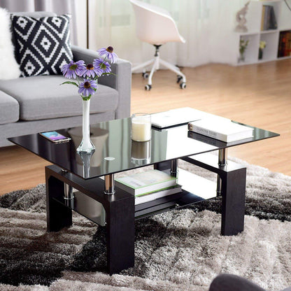 Leisure Zone ® Glass living Room Coffee Table Black Modern Rectangle With Lower Shelf (Black-100CM)