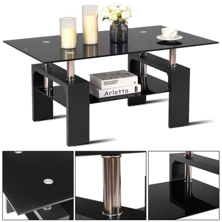 Leisure Zone ® Glass living Room Coffee Table Black Modern Rectangle With Lower Shelf (Black-100CM)