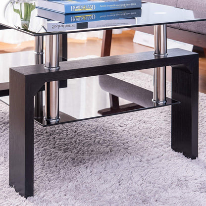 Leisure Zone ® Glass living Room Coffee Table Black Modern Rectangle With Lower Shelf (Black-100CM)